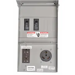 This Siemens power outlet panel provides 50 A, 120/240V AC single-phase power with three outlets, including one TT-30R receptacle. The NEMA 3R enclosure is suitable for outdoor or temporary installations. Manual GFCI operation is included. Typical applications include temporary power distribution at construction sites, outdoor events, or maintenance areas.