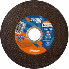 This Type 1 cut-off wheel from the Tiger Zirc UltraCut series is constructed with zirconia alumina abrasive and 60 grit. It is designed for high-performance cutting of carbon and stainless steel. The wheel measures 4-1/2" diameter by 0.04" thickness with a 7/8" arbor hole, suitable for use in fabrication, maintenance, and metalworking applications.