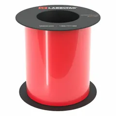 This continuous label roll is made of red gloss vinyl for indoor/outdoor use. It is 6 inches wide and 75 feet long, designed for thermal transfer printing with the LabelTac 6 printer series. Typical applications include safety signage, pipe marking, and equipment identification in industrial facilities.