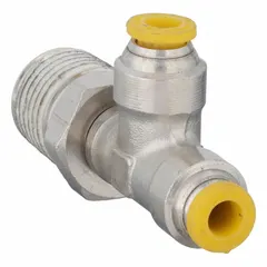 Nickel-plated brass push-fit tee fitting for branching pneumatic or low-pressure fluid lines. Connects 4 mm OD tubing to 1/4 in pipe thread. Overall length 19 1/16 mm. Tool-free installation.