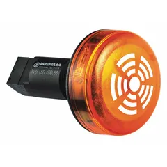 This 24V DC LED buzzer alarm with steady light is designed for wall mounting. It features a simple plug-in connection via screw terminals. Overall dimensions: 2 29/32 in height and length, 1 15/16 in width. Suitable for audible and visual signaling in industrial environments.