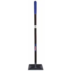 This hand tamper features a steel blade and a steel handle with a tube and rubber grip. It is used for compacting soil, gravel, sand, and asphalt in construction and landscaping applications, such as tamping around posts, curbs, and foundations.