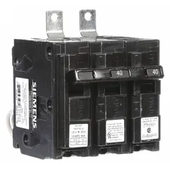 Bolt-on miniature circuit breaker rated 40 A, 120/240V AC, single-phase, 2-pole with shunt trip. Part of the BL Series, it provides overcurrent protection with a maximum AIR rating of 10kA at 120/240V AC. Designed for use in Siemens P1 panelboards for branch circuit protection in commercial and industrial electrical distribution systems.