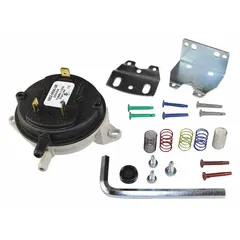 Adjustable set-point air pressure switch kit with manual reset. SPDT switching. Set-point range 0.1 in wc to 10 in wc. Voltage ratings: 120V AC, 24V AC, 277V AC. Connection size 3/16 in. Used for pressure monitoring and control in HVAC, combustion, and process systems.