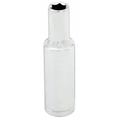 This 3/8" drive hand socket features a 12 mm, 6-point deep design for accessing recessed fasteners. Constructed from chrome, it is suited for tightening or loosening metric fasteners in automotive repair, machinery maintenance, and general assembly tasks.