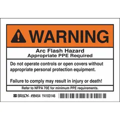 Polyester adhesive label warning of arc flash hazards. States that appropriate PPE per NFPA 70E is required before operating or opening covers. Nominal size 3 1/2 x 5 in, thickness 0.01 in. Not retroreflective or glow-in-the-dark. Used on electrical panels and switchgear to communicate safety requirements.