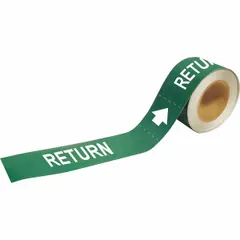 These adhesive pipe markers are designed for identifying return piping systems. Each marker features a green background with white 'Return' legend and directional arrows. Suitable for pipes with outer diameters of 1-1/2 to 2 inches. Supplied on a roll of 25 markers for convenient application.
