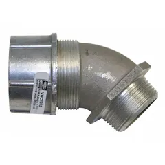 Aluminum 45° cable grip with 1-1/4 in MNPT male connection. Accepts cord diameters from 1.00 to 1.13 in. Rated IP66 and Class III, Division 1 & 2 for hazardous locations. Suitable for securing and sealing cord connections in industrial environments.