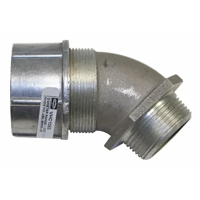 HUBBELL WIRING DEVICE-KELLEMS Liquid Tight Cord Connector: Aluminum, 1 1/4 in MNPT, 1.00 in to 1.13 in - 45° Metallic Cable Grips