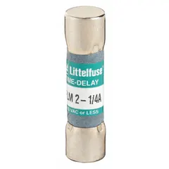 Time-delay cylindrical fuse rated 2.25 A and 250 V AC, with a 13/32 in x 1 1/2 in midget size. Designed for overcurrent protection in circuits that experience temporary inrush currents, such as control transformers, solenoids, and motor starters.