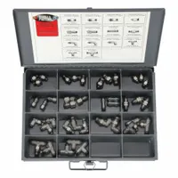 This 40-piece kit includes brass push-to-connect fittings in Branch Tee, Bulkhead Union, Connector, Union, and Union Tee shapes. Designed for assembling pneumatic or fluid-handling systems in industrial automation, packaging, and material handling applications. Fittings enable quick, tool-free tube connections
