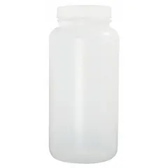 HDPE wide mouth round lab bottle with 250 mL (8.5 fl oz) capacity. Natural body color. Includes a 53-400 polypropylene closure. Not graduated. Suitable for collecting, storing, and transporting liquid samples in laboratory and industrial environments.