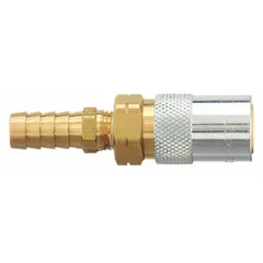 Brass-bodied quick-connect coupling body for hydraulic hose systems. Features a 3/8 in coupling size and maximum flow rate of 22.71 lpm. Used in industrial fluid power circuits requiring frequent connection and disconnection.