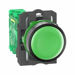 Non-illuminated momentary push button transmitter with 22 mm panel mounting size, part of the XB5R series. Features a green plastic operator and plastic bezel. Suitable for panel-mount installations requiring wireless remote control commands in industrial automation applications.