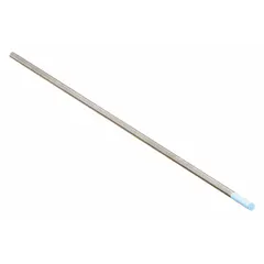 Rare earth tungsten electrode with EWG classification for AC/DC welding. Light blue color for identification. 1/8 in diameter, 7 in length, 10 pieces per pack. Suitable for TIG (GTAW) welding of non-ferrous metals.
