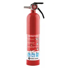 The FIRST ALERT PRO2-5 is a Class ABC fire extinguisher with a 2.5 lb capacity and a 1A:10B:C rating. It uses monoammonium phosphate as the extinguishing agent and features a metal construction. Suitable for use on ordinary combustibles, flammable liquids, and electrical fires in settings such as kitchens, offices, and workshops.