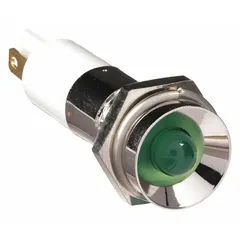 Green LED pilot light with protruding head for panel mounting. Features a 0.11 Male Quick Disconnect electrical connection. Used as a visual status indicator on industrial control panels and machinery.