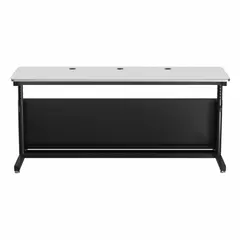 This manual adjustable-height desk features a white wood desktop and a black steel frame. With a 72-inch width and 24-inch depth, it provides ample workspace for sit-stand workstations. The desktop height adjusts up to 36 inches, allowing users to alternate between sitting and standing positions.