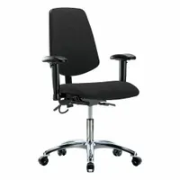 This ESD-safe chair features a conductive fabric seat and back, with an aluminum base for grounding. The seat width is 18 1/2 in, depth 17 in, and height adjusts from 19 to 24 in. The back tilts forward 10.5° and backward 13.5°. Suitable for use in electronics assembly, cleanrooms, and laboratories where static control is required
