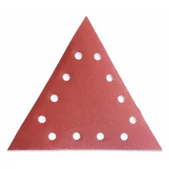 Coated aluminum oxide abrasive triangles for drywall sanders. Each triangle measures 7 inches with a hook-and-loop attachment and cloth backing. Suitable for sanding drywall joints and surfaces on gypsum board. Pack of 10.