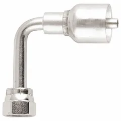 Steel 90° long elbow crimp hose fitting with ORS (O-Ring Seal) connection. Female x genderless configuration, thread size 0.511"-27, for -8 hose dash size. Used in hydraulic systems to connect hoses to ORS ports.