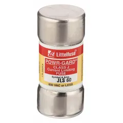 Class J fast-acting cylindrical fuse rated 60 A and 600 V AC. Non-indicating design with compact cylindrical body for use in standard Class J fuse holders. Provides overcurrent protection in industrial equipment such as motor control centers, panelboards, and branch circuits.