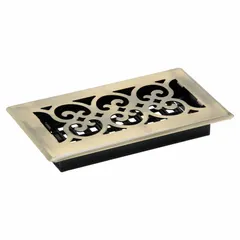 This floor register features a decorative antiqued brass steel grille with a brass finish. It measures 9 1/2 inches in height and 5 1/2 inches in width, with one-way airflow direction and non-adjustable blades. Suitable for floor installations in HVAC systems requiring fixed air distribution.