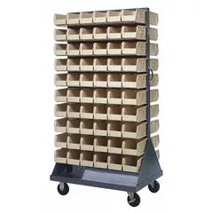 This mobile louvered floor rack measures 36 in x 24 in x 72 in and includes 120 ivory bins (5-1/2 in wide, 10-7/8 in deep, 5 in high). The gray frame is equipped with two swivel casters with hard rubber treads for mobility. Suitable for organizing small parts and tools in industrial workshops, warehouses, and assembly lines.