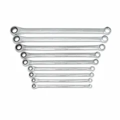 This 9-piece set includes SAE double-end 12-point ratcheting box end wrenches with a chrome finish. The wrenches cover a head size range from 5/16 in to 3/4 in and are organized on a tray for storage. Used for tightening and loosening fasteners in confined spaces where limited swing arc is a factor.