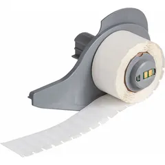 This precut label roll is made of white gloss polyester, sized 3/4 in x 1/4 in. It withstands temperatures from -94°F to 230°F. Compatible with the BMP71 printer series. Used for asset tagging, cable marking, and panel labeling in industrial environments.