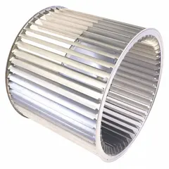 Steel blower wheel with dual-inlet forward-curved design, 18 in diameter, 15 in width, 1 3/16 in bore, tacked center, and one inlet. Used as a replacement part in HVAC systems for moving air in heating and cooling units.