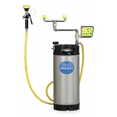 This supplemental pressurized portable eyewash station provides emergency eye irrigation in areas without plumbed water. It features a 5-gallon stainless steel tank, a drench hose, and a universal identification sign. The unit delivers eyes coverage with a water preservative and complies with ANSI/ISEA Z358.1 standards. Media is sold separately.