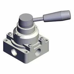 Manual air control valve with lever actuator and side-ported body for two-position operation. Features 3/8 in BSPT ports and maximum operating pressure of 1 MPa. Used to start, stop, or redirect compressed air flow in pneumatic systems.