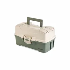 This plastic tool box features a hinged lid with latch closure for secure storage and transport of tools, parts, and small equipment. Suitable for use in workshops, job sites, and industrial facilities, its construction resists impacts and weather.