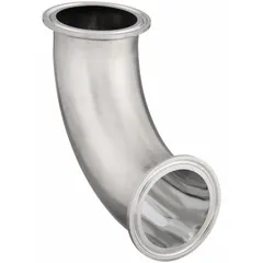 This 316L stainless steel sanitary tube fitting is a 90° elbow with 2 in OD clamp connections on both ends. It is certified to 88 Pharmaceutical Class VI standards for high-purity applications. Used to change flow direction in sanitary piping systems.