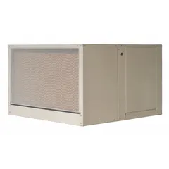 Single-inlet ducted evaporative cooler for residential use. Operates on 115V AC with a 3/4 hp motor. Measures 28 in x 42 in x 49 in with a 12 in pad thickness. Includes drive package; assembly required.