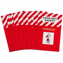 Lockout tagout safety training booklets in English, supporting 10 users. Covers OSHA regulations for hazard communication and safe work practices. Used in industrial facilities for employee training and compliance.