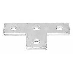 Steel tee plate for joining and supporting strut channel runs in industrial framing, cable tray, and pipe support systems. Hot-dipped galvanized finish provides corrosion resistance for indoor and outdoor applications. Designed for use with standard strut channel profiles.
