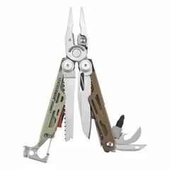 Full-size fold-open multi-tool with 19 integrated tools and 19 functions, including pliers, saw, 3/16" box wrench, and Ferrocerium Rod. Stainless steel construction with Mesa Verde finish. Closed length of 4 1/2 inches. Suitable for outdoor tasks such as camping, hiking, and field repairs.