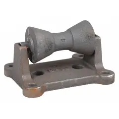 Surface-mount pipe roller with cast iron roller and base, overall length 8.63 in, load capacity 2,100 lb. Designed to support pipe during cutting, threading, or welding operations in industrial piping and fabrication settings.