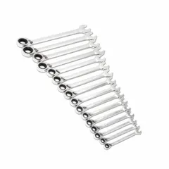 This 16-piece set includes metric 12-point ratcheting combination wrenches made from alloy steel with a full polish chrome finish. The ratcheting box end allows faster fastener turning without repositioning. Suitable for automotive repair, industrial maintenance, and mechanical assembly.