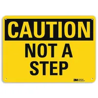 This 10 in x 14 in plastic sign warns personnel not to step on unsafe surfaces. It features mounting holes for wall or equipment attachment and is 0.055 in thick. The sign is not retroreflective, not glow-in-the-dark, and has no anti-slip surface. Typical applications include industrial facilities where slip hazards exist, such as machining, material handling, and pump areas