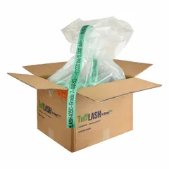 Woven poly cord strapping with 11,000 lb break strength and 670 ft length. Green color. AAR approved for Grade 7. Used for cargo securement in transportation and logistics, including tie-downs on flatbed trailers, railcars, and shipping containers.