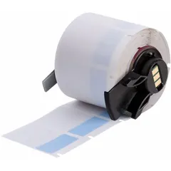 Blue matte vinyl wraparound label measuring 1 1/2 in x 1 in, designed for wire gauges from 10 AWG to 4 AWG. Compatible with BMP71 printer series and requires M7-R4300 ribbon. Used for durable identification in electrical wiring, panel building, and machine maintenance applications.