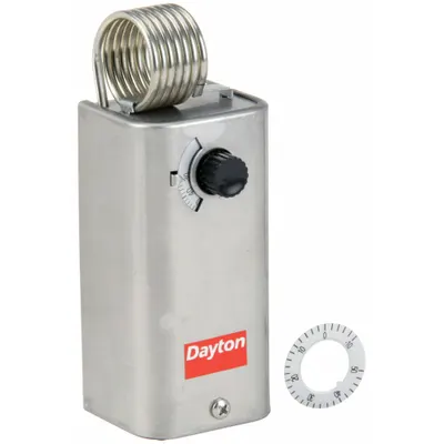 Dayton Line Volt Mechanical Tstat: Cool Only, Stainless Steel, 30° to 110°F, 3.5°F - Indoor Single-Stage Controls