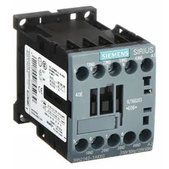 This Siemens IEC control relay features 4 normally open contacts rated at 10 A with a 120V AC coil voltage. It is designed for DIN-rail or surface mounting, suitable for switching and isolating electrical loads in industrial control circuits, motor control centers, and panel building applications.
