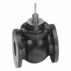 2-way flanged globe valve with cast iron body and stainless steel stem. Normally open (NO) with stem-down-to-close action. 3-inch flanged connection and 83 CV flow rating. Used in hydronic HVAC systems for water flow regulation in heating and cooling loops.