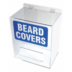 Clear acrylic hinged-top dispenser for bulk beard nets. Single-compartment tray layout with printed 'Beard Covers' text. Table-mount design, dimensions 12 in x 8 in x 15 1/2 in. Suitable for dispensing bulk beard nets in controlled environments.