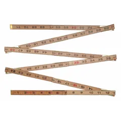Folding ruler with 6 ft / 1,800 mm length and 1/16 in fractional graduations. Features an abrasive-resistant epoxy finish, etched markings, slide mechanism, and outside-read vertical measurement capability. Thickness is 1.81 in. Used for linear measurement in construction, carpentry, and industrial settings.