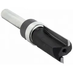 Carbide-tipped flush-trim router bit with a 1/2 in cutter diameter for wood. Used to trim laminate, veneer, or solid wood flush with a template or substrate in cabinetry, countertops, and furniture making.